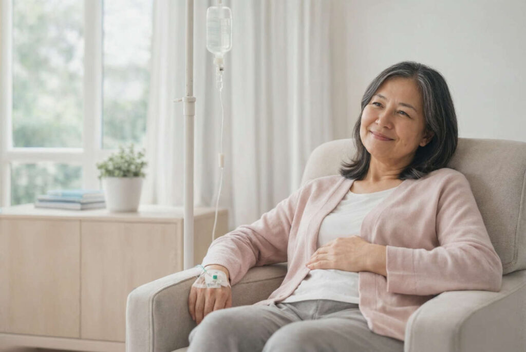 Woman receiving home infusion in her living room