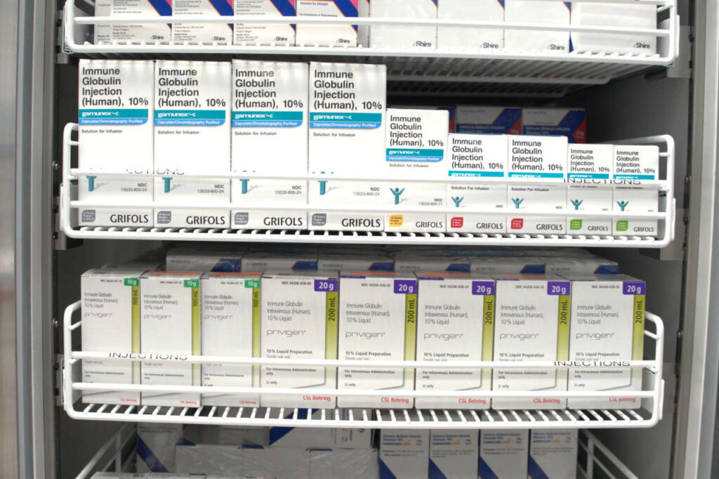 Refrigerator shelf with various IVIG brands stocked